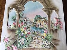 VTG  Greeting Card 1941 Parchment Old Mill Pond Gazebo Embossed Flowers Die Cut picture