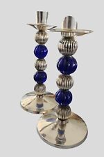 Vintage 70's Pair Candlesticks Fluted Brass Silver Plated & Cobalt Blue Bead  8