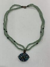Vintage Chinese Green Jade or Mineral Double Strand Bead Necklace Enamel Pendant picture