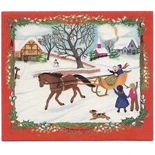 Vintage Christmas Greeting Card Couple On Horse Carriage Winter Snow Scene 1940s picture