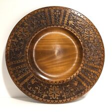 12” Vintage Hand Carved Wooden Plate Metal Inlay Flower Design Folk Art Decor picture