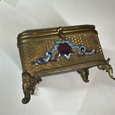 Antique Gold Gilded Brass Beveled Glass Enameled Trinket Jewelry Box picture