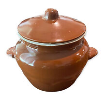 Vintage Earthenware Brown Art Pottery Covered Handled Bacon Grease Jar picture