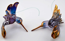 Two Vintage Blown Glass Gilt and Blue Hummingbird Ornaments picture