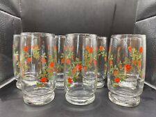 Vintage Set of 7 Red Rose Floral 16oz Anchor Hocking Drinking Glasses picture