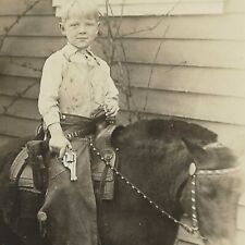 Vintage Photo Little Guy Riding Pony Wearing Chaps Holding Gun picture