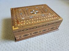 VTG Middle Eastern Wood Mother of Pearl Inlaid Marquetry Art Mosaic Jewelry Box picture