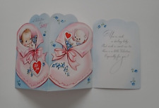 1951 Vtg Rust Craft VALENTINE For BABY Baby & Bear in PINK Shoes 3 Foldout CARD picture