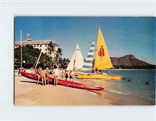 Postcard Beach Scene Colorful Catamarans & Canoe Waikiki Hawaii USA picture