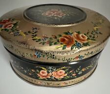Vintage Toleware Candy Tin Round Lid Covered Box Black Gold Floral Container picture
