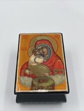 Vintage Russian Fedoskino Orthodox Madonna & Child Lacquer Miniature Box Black picture
