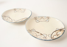 Mino ware Japanese Ceramics Mini Oval Plate Set of Two Smiling Cats Blue picture