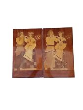 VTG 80s USSR Ukraine Folk Art Wood Marquetry Hand Inlaid Wall Plaque Set Of 2 picture