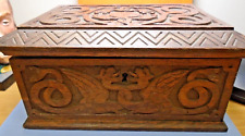 Antique Carved Wood Box Mirror & Cloth lined lock & key Dragon Serpent 10