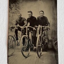 Antique Tintype Photograph 3 Handsome Men Riding Bicycles Bike Collectible picture