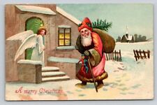 c1910 Santa Claus Angel Toys Bag Door Church Germany Christmas P336 picture