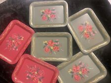 Set of six vintage small metal trays with Beautiful Hand painted roses picture