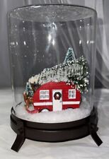 Christmas SNOW Scene Globe Glass Metal Base Red Retro Camper Trees Robin Deer picture
