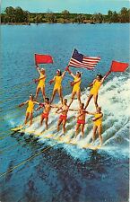 Human Pyramid on Water Skis Cypress Gardens Florida American Flag Postcard picture