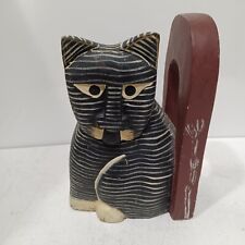Wood Striped Cat Bookend (Single) Carved Folk Primitive Grumpy Cat picture