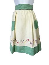 Vintage Half Apron Handmade Floral Embroidered Waist Tie Green Trim FLAW picture