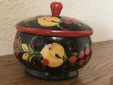 Vtg Khokhloma Russian  Lacquer Hand Painted Wooden Trinket Box Black&Red picture