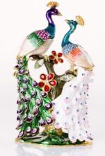 Hand Painted Pair of Peacocks Figurine Enamel Hinged Jewelry Trinket Box picture