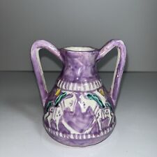 Vintage Italian Hand Painted Vase Horses on Two Handle Art Pottery Purple picture