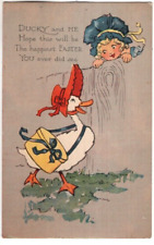 ANTIQUE EASTER Postcard      DUCK AND YOUNG GIRL WEARING NEW EASTER BONNETS picture