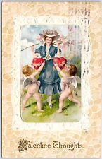 VINTAGE POSTCARD PAIR OF CUPIDS AND PRETTY LADY VALENTINE THOUGHTS POSTED 1912 picture