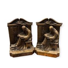 Vintage Pair of Brass Bookends Monk Scholar Reading Books Library picture