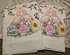 PAIR OF VINTAGE HANDMADE EMBROIDERED PILLOWCASES SOUTHERN BELLE BUTTERFLY FLORAL picture
