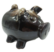 Redware Pottery Pig Bank Figurine Brown Glaze Cork Stopper Vintage picture