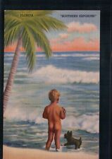 c1940's Southern Exposure Beach Scene Little Boy Scottie Dog Florida FL Postcard picture