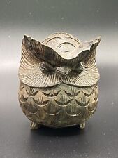 Vintage Small Hand Carved Highly Detailed Dark Wooden Owl Bird Figurine 2.5” T picture