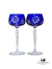 2 Antique Bohemian Czech Cut To Clear Cobalt Blue Crystal Wine Water Goblets picture