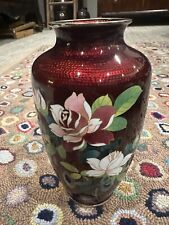 GINBARI CLOISONNE ROSES FLOWER JAPANESE RED ANDO SATO PIGEON BLOOD 8.5