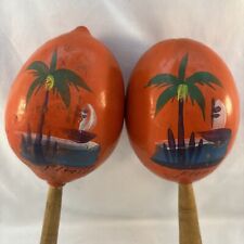 Vintage pair of Handmade/Painted Orange Florida Tropical Scene Maracas picture