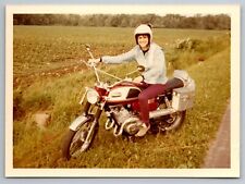 Girl on Motorcycle Vintage Snapshot Photo 1970 Yamaha Scrambler big smile picture