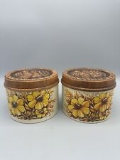 Vintage Cheinco Kitchen Tins Floral Design Canisters With Fruit Faux Wood Top picture