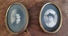 Antique Brass Oval Picture Frames & Photos, Pair, Easel Backs; 2-3/4 x 2-1/16