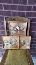 WOW Set of 3 Vintage Copper Etched Pictures in Wood Frames picture