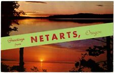 NETARTS, OR Greetings Dual View Sunset / Sunrise Tillamook Oregon Postcard 1960s picture