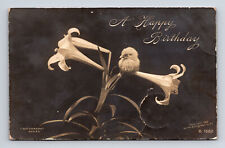 c1908 RPPC Happy Birthday Chick on Easter Lilly Flowers ROTOGRAPH Postcard picture