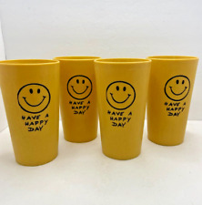 VTG 70s Yellow Plastic SMILEY FACE Have A Happy Day Tumblers Set of 4 picture