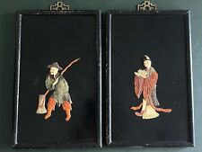Chinese hand-Inlaid Colored Stone Figure Wall Hanging Wood Panel Painting A Pair picture
