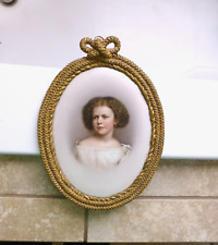 Hand Painted Antique Porcelain Plaque Beautiful Victorian Young Girl Org Frame picture
