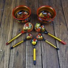 Vintage Russian Hand Painted Khokhloma Strawberries Berries Bowl Spoons Set picture