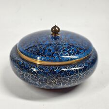 Blue Floral Cloisonne Ginger Jar Bowl w/Lid Vintage Round Enamel Brass picture