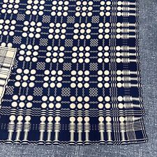 Antique overshot coverlet indigo and cream wool center seam 81 by 90 picture